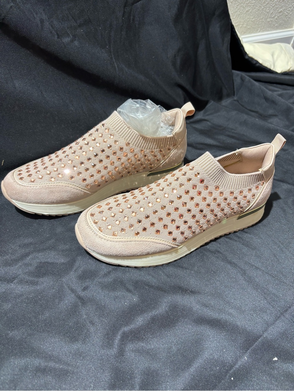 Anne Klein Blush Slip-On Knit Sneakers with Rose Gold Studs